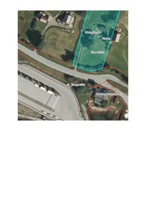 Situasjonsplan som viser eiendomsgrenser (Gnr 30 B2), eiendomsnavn (Våningshuset, Høsen) og nabolag (Gangveien, Revenue Matjeda AS) basert på flyfoto.