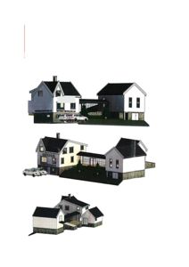Tre 3D-visualiseringer (renderinger) av en planlagt bygning (våningshus og fjøs) med tekstbeskrivelser over og under.