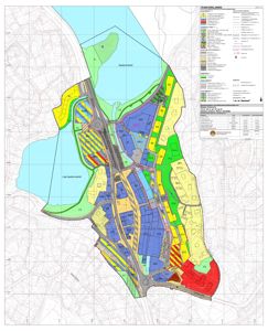 En teknisk forklaring (situasjonsplan) som viser et område med vann (Nedre Nøtterøyvatn) og en detaljert inndeling av tomter med ulike farger som representerer bruksbestemmelser.