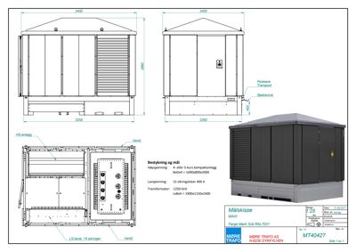 Målskisse og teknisk detaljtegning av en transformatorboks (trafo) med dimensjoner, festeanbefalinger og innvendig utstyr.