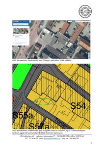 Bildet viser en situasjonsplan eller kartutsnitt over Tordenskiolds gate 77 i Drammen, med overlagte arealbruk (gult/green) og reguleringsstatus (S54, S55a).