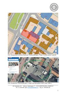 Situasjonskart som viser eiendommen Tordenskiolds gate 77 markert i rødt felt, samt en Google Maps-utsnitt med eiendommen omgitt av en grønn sirkel.