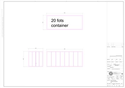 Fasadetegning som viser oppriss av en 20-fots container sett fra siden.