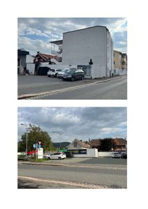 Fotografier av en bygning og dens omgivelser, inkludert parkeringsplass og nabolag.