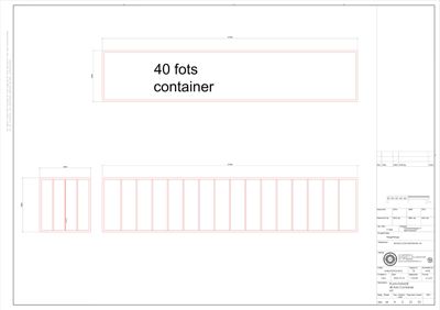 Fasadetegning som viser oppriss av en 40-fots container sett fra siden, med mål og detaljer for paneler.