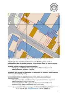 Situasjonskart som viser eiendomsforhold, avstander til vegmidde og nabobebyggelse.