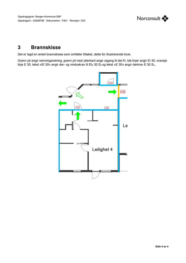 En brannskisse (brannplan) som viser romfordeling, utgangsplasseringer og dørkrav for Leilighet 4.