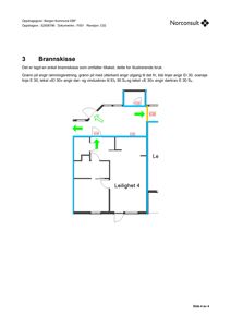 En brannskisse (brannplan) som viser romfordeling, utgangsplasseringer og dørkrav for Leilighet 4.