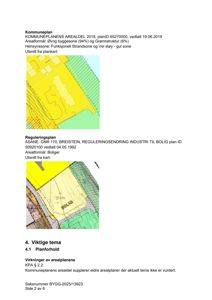 Side fra et saksutredning som viser utsnitt fra kommuneplan og reguleringsplan med arealbruksinndeling (fargekoding) og bygningsspor.