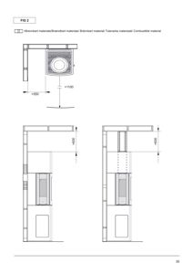 Teknisk detaljtegning som viser krav til avstand mellom brennbart materiale og en lyskilde (f.eks. lysarmatur eller taklampe). Tegningen inkluderer dimensjoner (>550, >1100, >600) og en nøkkel som identifiserer brennbart materiale.