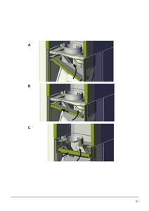 Tegning som viser detaljerte konstruksjonsløsninger for en vindu- eller dørkarm (A, B, C), inkludert hvordan glasset settes inn og hvordan det festes til rammen.