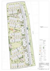 Situasjonsplan som viser plassering av bygninger, veier, grøntområder og infrastruktur på en tomt.