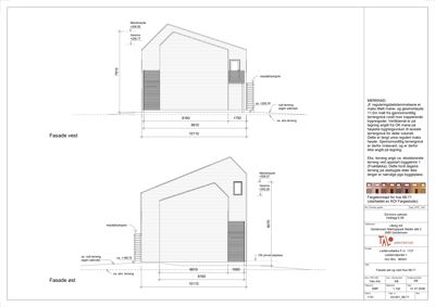 Fasadetegning som viser oppriss av bygningens vest- og østside med mål, høyder og fargekonsept.