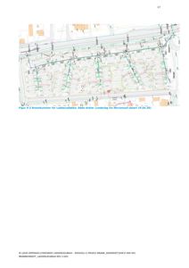 Kart over et område med brannkummer (røde sirkler) og infrastruktur, basert på Norconsult.