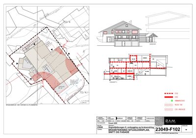Bildet viser en situasjonsplan (situasjonsplan) med en snitttegning og fasade tegning. Planen viser bygningens plassering i forhold til veier og naboeiendom, med angitte avstander og eiendomsnummer.