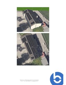 Bildet viser to perspektivbilder (fra oven og fra siden) av en 3D-modellert bygning med solpaneler på taket, plassert i et terreng. Dette er en visualisering eller rendering.