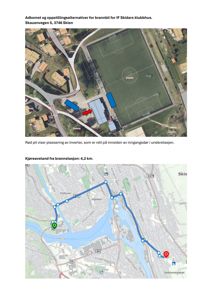 Bildet viser en kartvisning med en rute (blå linje) som markerer kjøreavstand fra en brannstasjon til et bygg (IF Skidars klubbhus).