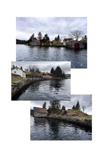 Fotografier av eksisterende bygninger langs en kystlinje eller vannkant, inkludert etasjehus og båthus.