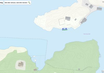 Kartutsnitt som viser topografi (konturlinjer), vann (Holmesundet) og plassering av eiendommer og bygninger.