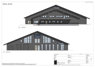 Fasadetegning som viser bygningens utseende fra øst og vest.