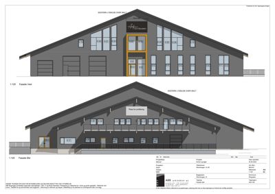 Fasadetegning som viser fronten på en bygning sett fra utsiden, med vinduer, dører og arkitektoniske detaljer.