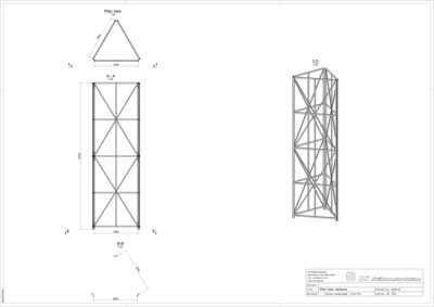Tegning som viser detaljert konstruksjon av en metallramme (truss), inkludert planutsnitt, snitt og 3D-visualisering.