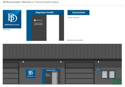 Fasadetegning som viser en skisse av inngangsfasaden til en bygning (Brødrene Dahl), inkludert plassering av logoer, dører og vinduer.