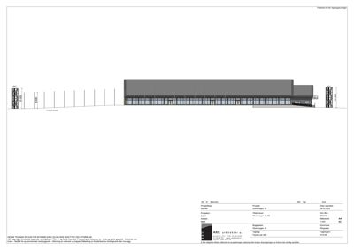 Fasadetegning som viser bygningens utseende fra siden, inkludert vinduer, taklinje og høydeangivelse (15 000).