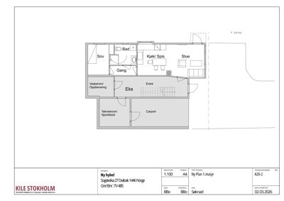 Etasjeplan (1. etasje) for en ny hybel med romfordeling, dører og vinduer.