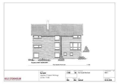 Fasadetegning som viser etasjeplan og tak for en hybel i Sogstøyla 27, Drøbak. Tegningen viser både ny fasade og eksisterende fasade.