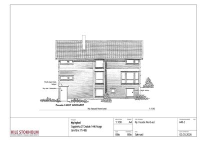 Fasadetegning som viser bygningens utseende sett fra nord-øst, inkludert detaljer om nye vinduer, dører og tak.