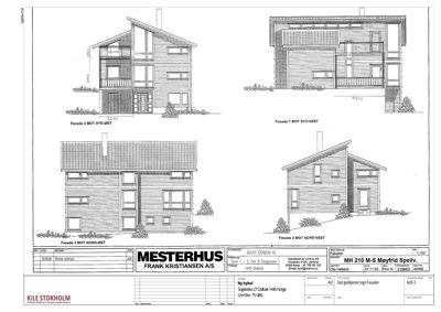 Fasadetegning som viser fire utsnitt av en hytte (Fasade 1-4) med mål og detaljer.