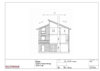 Snittegning av en ny hybel med oppgitt mål og vinkler