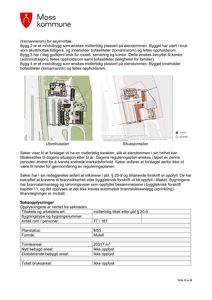 Bildet viser en side fra et saksutredning eller søknad for Moss kommune. Det inneholder to tegninger: 'Utomhusplan' (som er en fasade/oppriks) og 'Situasjonsplan'. Under tegningene finnes også tabeller med tekniske opplysninger om tiltaket.