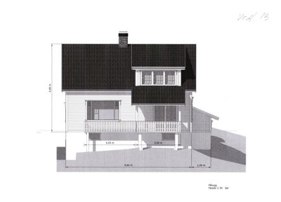 Fasadetegning som viser bygningens utseende fra en bestemt vinkel, med angitte mål og detaljer.