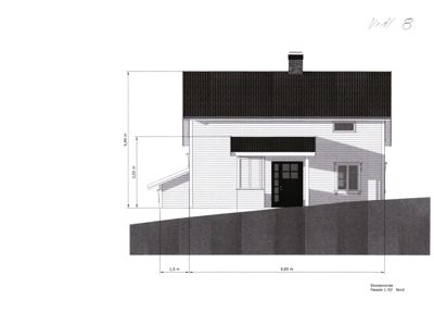Fasadetegning av en eksisterende bygning sett fra nord, med angitte mål og detaljer.