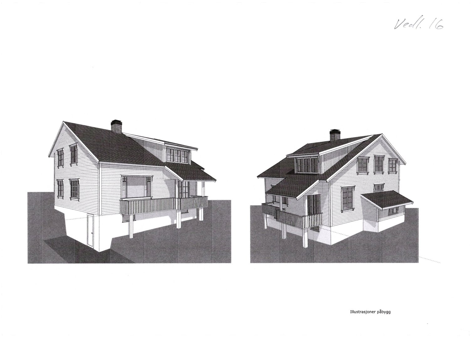 3D-visualisering (rendering) av en planlagt bygning sett fra to ulike vinkler.