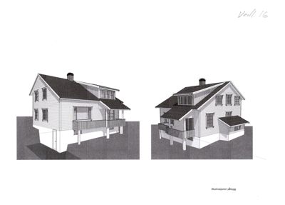 3D-visualisering (rendering) av en planlagt bygning sett fra to ulike vinkler.