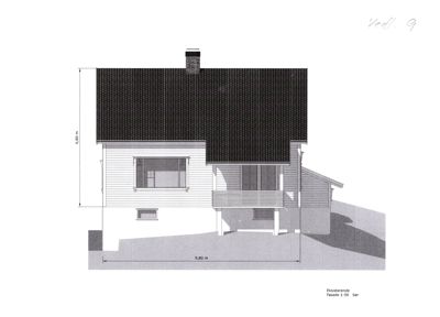 Fasadetegning (opprikk) av en eksisterende bygning sett fra siden, med angitte mål og tegningstittel.