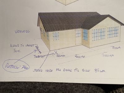 En tegning som viser fasaden (framsiden) på en enebolig, med håndskrevne notater om avstander og høyder.