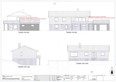 Fasadetegning som viser bygningens utseende fra fire sider (øst, sør, vest og nord).