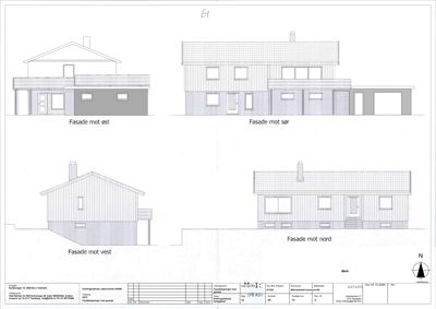 Fasadetegning som viser bygningens utseende fra alle fire sider (øst, sør, vest og nord).