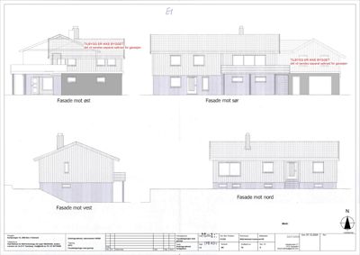 Fasadetegning som viser bygningens utseende fra fire sider (øst, sør, vest og nord).