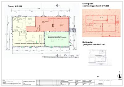 Etasjeplan (kjeller) med romfordeling, mål og endringsmerknader.