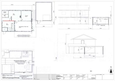Bildet viser en tegning med etasjeplaner (romfordeling) og snittegninger for en bygning.
