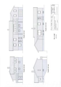 Fasadetegning som viser bygningens utseende fra alle fire sider (mot øst, vest, sør og nord).