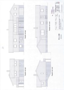 Fasadetegning som viser bygningens utseende fra fire sider (nord, sør, øst, vest).