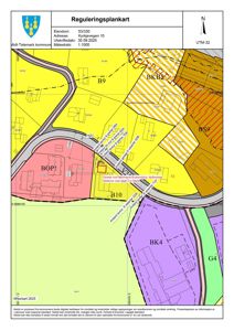Reguleringsplankart som viser eiendomsnummer, adresse, utskriftsdato, målestokk og arealbruksinndeling (fargekodet) for et område i Midt-Telemark kommune.