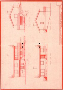 Fasadetegning som viser bygningens utseende fra fire ulike vinkler (for, bak, venstre og høyre side).