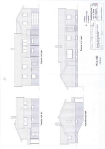 Fasadetegning som viser bygningens utseende fra fire sider (nord, sør, øst, vest) med detaljer om vinduer, tak og fasadematerialer.